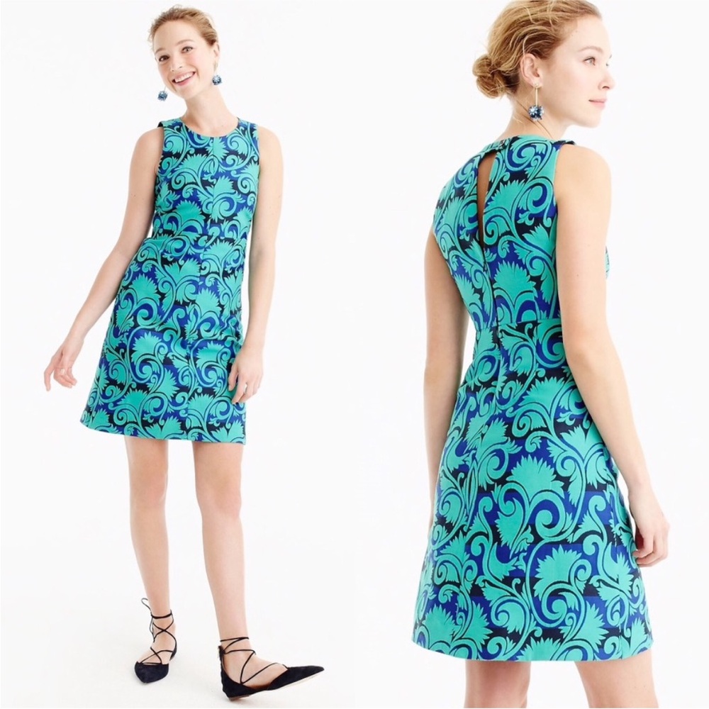NWOT J. Crew Vineyard Jacquard Wester Dress in Navy & Green Damask